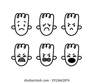 Set of sad and angry doodle faces. Hand-drawn emoji avatars. Sad and angry emotions vector illustration isolated on white background.