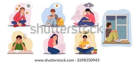 Set of sad and anxious students showing stress, depression, and emotional struggle in cartoon style on white background. Concept of mental health. Vector illustration