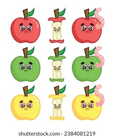 Set of sad apples in different colors. Whole, bitten, and with a worm.