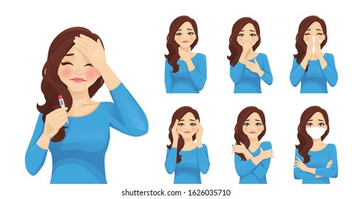 Set Of Sad Beautiful Woman With Flu Or Cold Symptoms. Fever, Headache, Rhinitis, Coughing, Sore Throat, Wearing Mask. Isolated Vector Illustration