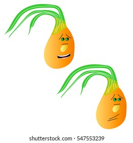 Set sad cartoon onion. Isolated vector illustration. Print, a picture in the book.