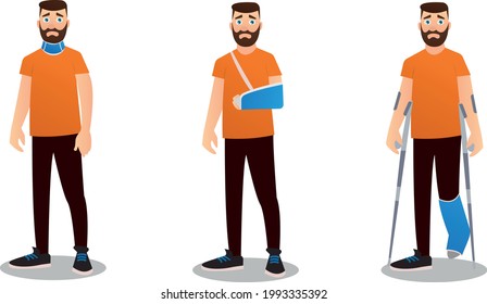 Set of sad character man with injuries. Fracture or dislocation of the leg, arm, neck damage. Vector illustration