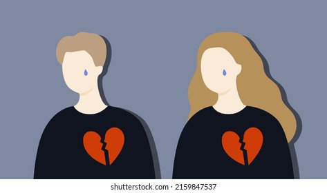 Set of Sad Crying heart broken man and woman portrait. Depression, failure, Mental Health, loneliness concept. Use for web, poster, banner. Flat faceless cartoon character design illustration.