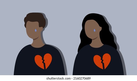 Set of sad crying heart broken man and woman portrait. Depression, failure, mental health, loneliness concept. Use for web, poster, banner. Flat faceless people character design illustration.