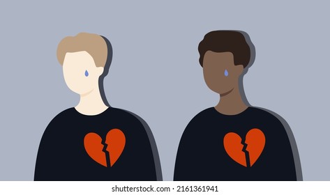 Set of Sad Crying heart broken homosexual couple portrait. Depression, failure, Mental Health, loneliness concept. Use for web, poster, banner. Flat faceless cartoon character design illustration.