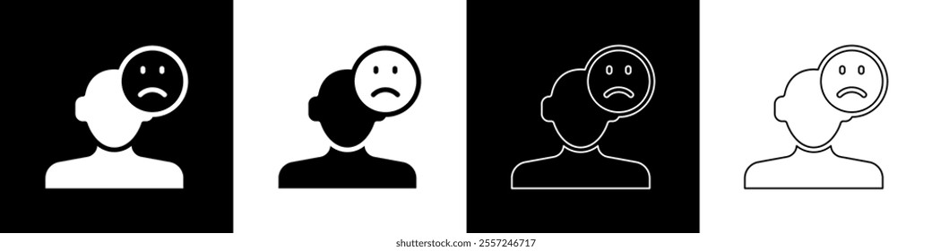 Set Sad and depressed man, bad mood icon isolated on black and white background.  Vector