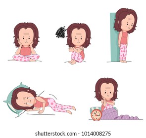 The set of sad girl characters in certain symptoms of depression disease: anxiety, insomnia, stressed out, or thinking about death, all in line flat cartoon design, illustration, vector