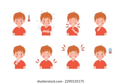 Set of sad kid boy characters with flu symptoms flat style, vector illustration isolated on white background. Fatigue and headache, illness, cough and runny nose