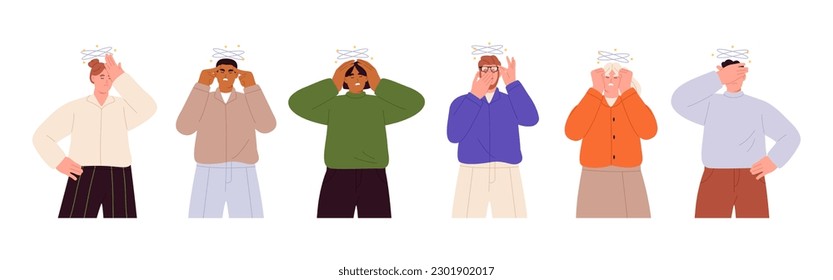 Set of sad man and woman having dizzy symptoms. Dizziness concept. Flat vector illustration isolated on white background
