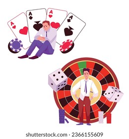 Conjunto de hombres tristes perdedores de póquer de estilo plano, ilustración vectorial aislada en fondo blanco. Colección de elementos decorativos de diseño, juegos de azar y recreación, juego de cartas, fichas de póquer