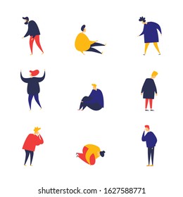 Set of sad people tired. Flat style vector illustration.