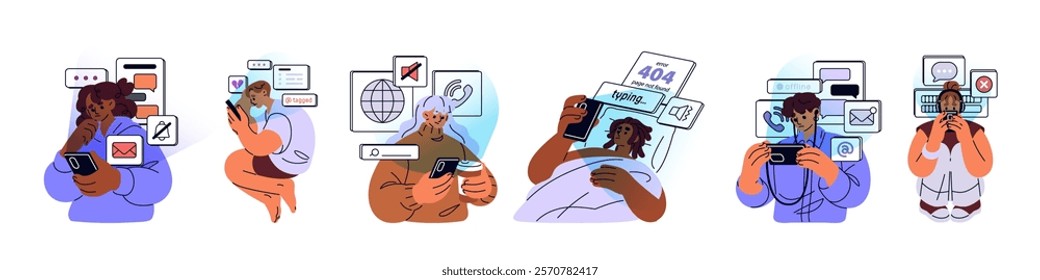 Set of sad people waiting for phone call. Bored characters with smartphones in hands texting, expecting, hope for message, answer in online chat. Flat isolated vector illustrations on white background