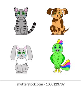 Set of sad pets. Cat, dog, rabbit and parrot characters. Sick animals. Animal adoption concept.  Veterinary theme. Vector illustration.