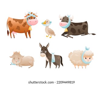 Set Of Sad Sick Animals. Unhappy Cow, Goose, Sheep, Donkey, Goat Wounded Or After Surgery Farm Animals Cartoon Vector Illustration