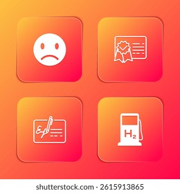 Set Sad smile, Certificate template, Signed document and Hydrogen filling station icon. Vector