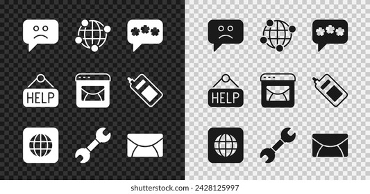 Set Sad smile, Global technology, Speech bubble chat, Worldwide, Wrench spanner, Mail and e-mail, Signboard with text Help and  icon. Vector