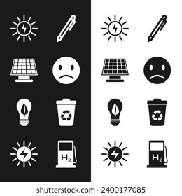 Set Sad smile, Solar energy panel, Pen, Light bulb with leaf, Recycle bin recycle, Hydrogen filling station and  icon. Vector