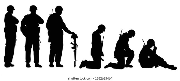 Set of sad soldiers silhouette vector, military concept.