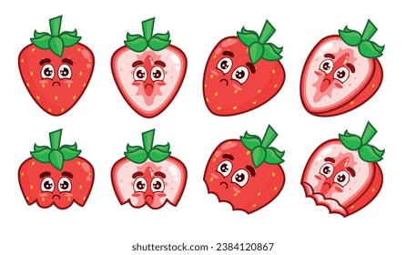 Set of sad strawberries. Animated fruit character. Whole strawberries, halves, and bitten ones.