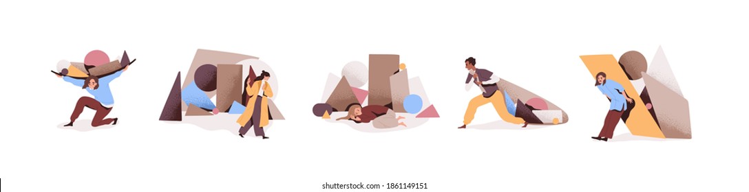 Set Of Sad And Tired People Overloaded With Problems Or Tasks. Collection Of Male And Female Characters Coping With Difficulties By Carrying Burden Or Ignoring Troubles. Flat Vector Illustration