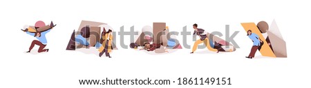 Set of sad and tired people overloaded with problems or tasks. Collection of male and female characters coping with difficulties by carrying burden or ignoring troubles. Flat vector illustration