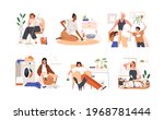 Set of sad unhappy women tired from housework. Busy overworked housewives exhausted from household duties and domestic chores. Colored flat graphic vector illustration isolated on white background