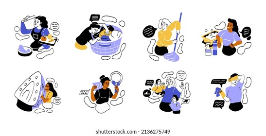 Set of sad unhappy women tired from housework. Busy overworked housewives iron clothes, cook food, clean floor and raise young children. Cartoon flat vector collection isolated on white background