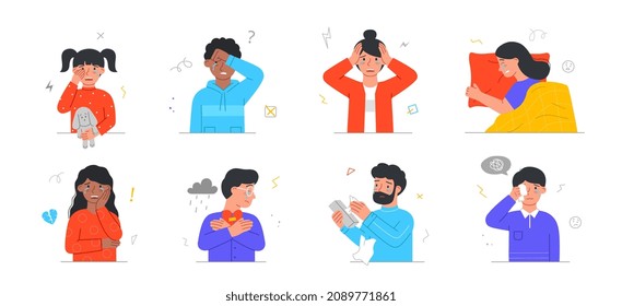 Set Of Sad And Upset People Crying. Upset Men And Women Weeping From Sorrow And Grief. Unhappy Characters Wipe Away Tears. Cartoon Colorful Flat Vector Collection Isolated On White Background