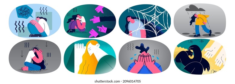 Conjunto de mujeres tristes que lloran luchando con depresión o ansiedad. La colecta de infelices niñas descontentas que padecen trastornos psicológicos mentales necesitan asesoramiento o ayuda. Ataque de pánico. Ilustración vectorial. 