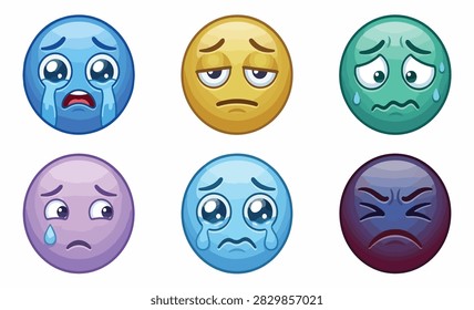 Set of sad and worried colorful emojis showing tears sweat and distress with emoticon distress collection character miserable illustration communication internet depression