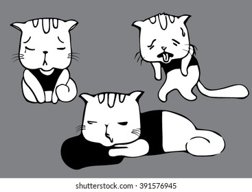 set of sad,upset,downhearted,tired cat vector illustration