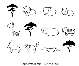 Set of safari animal and tree icons. Lion, Elephant, Hippo, Giraffe, Rhino, Zebra, Gazelle, Monkey, Crocodile