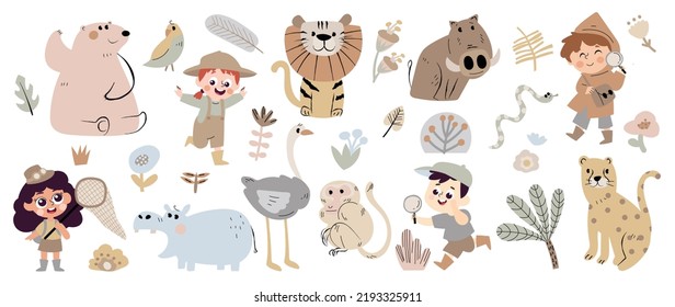 Set von Safari-Tier-Vektorgrafik. Freundliches wildes Leben mit Nilpferd, Leopard, Bär, Nilpferd, Affe, Papagei, Jungen und Mädchen in Safari Anzug. Adorable Tiere und viele Charaktere handgezeichnet auf weißem Hintergrund.