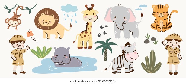 Set of safari animal vector. Friendly wild life with hippo, monkey, elephant, lion, tiger, zebra, boys and girls in safari suit. Adorable animal and many characters hand drawn on white background.