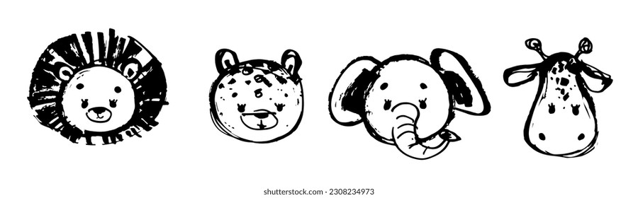 Set safari animals. Elephant, lion, giraffe, leopard. Sketch Hand Drawn Animal. Vector print for children room, fabric, paper, greeting card, postcard, card, t shirt, poster, textile. Vector