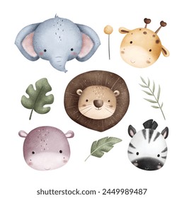 Set of Safari Animals Head Illustration