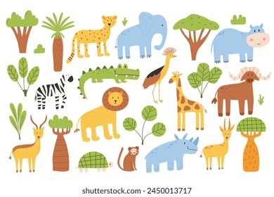 Set of safari animals. Jungle animals collection. African animals. Vector illustration. Flat style.