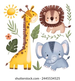 Set of Safari Animals and Leaves