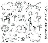 Set of safari animals. Outline hand drawn safari jungle animals zebra, lion, elephant, crocodile, giraffe, leopard, rhinoceros, hippopotamus. Doodle style line art.