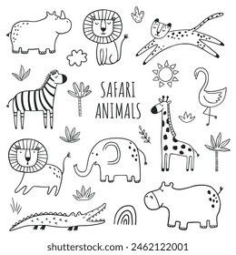 Set of safari animals. Outline hand drawn safari jungle animals zebra, lion, elephant, crocodile, giraffe, leopard, rhinoceros, hippopotamus. Doodle style line art.