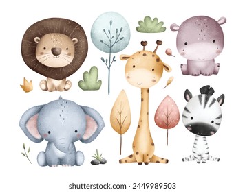 Set of Safari Animals and Tropical Leaves Illustration