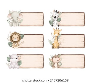 Set of Safari Animals and Wooden Board