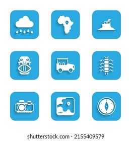 Set Safari car, Africa safari map, Compass, Centipede insect, Photo camera, Mexican mayan or aztec mask, Tree stump and Cloud with rain icon. Vector