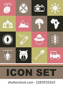 Set Safari car, Centipede insect, Map of Africa, Photo camera, Mountains, Tourist tent, Lemon and Mushroom icon. Vector