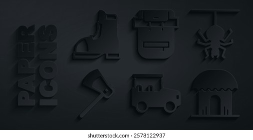 Set Safari car, Spider, Wooden axe, African hut, Hiking backpack and Hunter boots icon. Vector