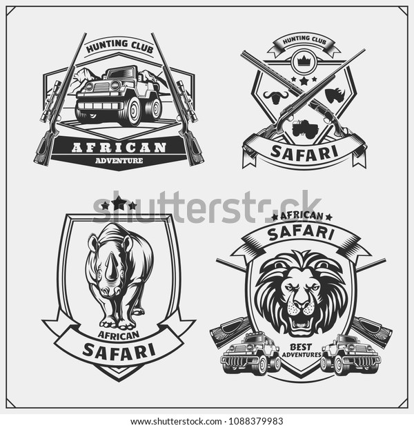 Set of\
safari emblems. Vector monochrome\
illustration.