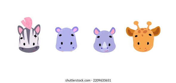 Set safari face animals. Cartoon character. Vector illustration for t-shirt prints, greeting cards, posters, stickers or decor room