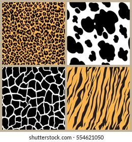 set safari jungle animal fur stripe animals bengal tiger giraffe zebra cow texture pattern seamless repeating white black orange brown