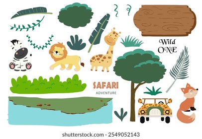 Set of safari object element with animal, car and tree