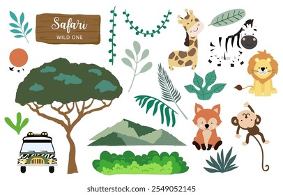 Set of safari object element with animal, car and tree